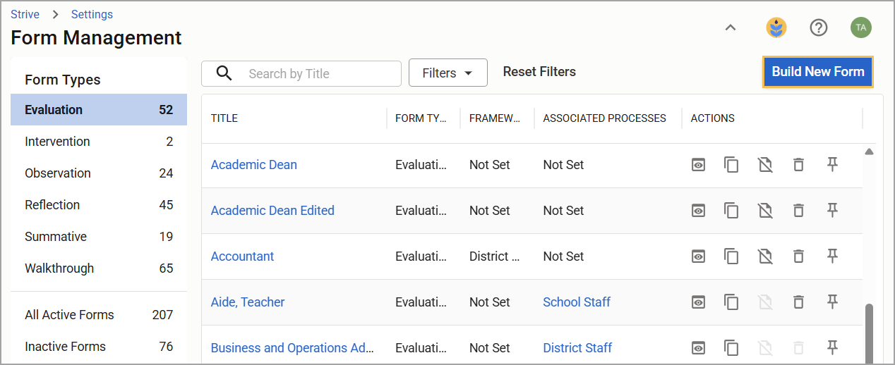 Overview of form management with various evaluation types and associated actions listed.